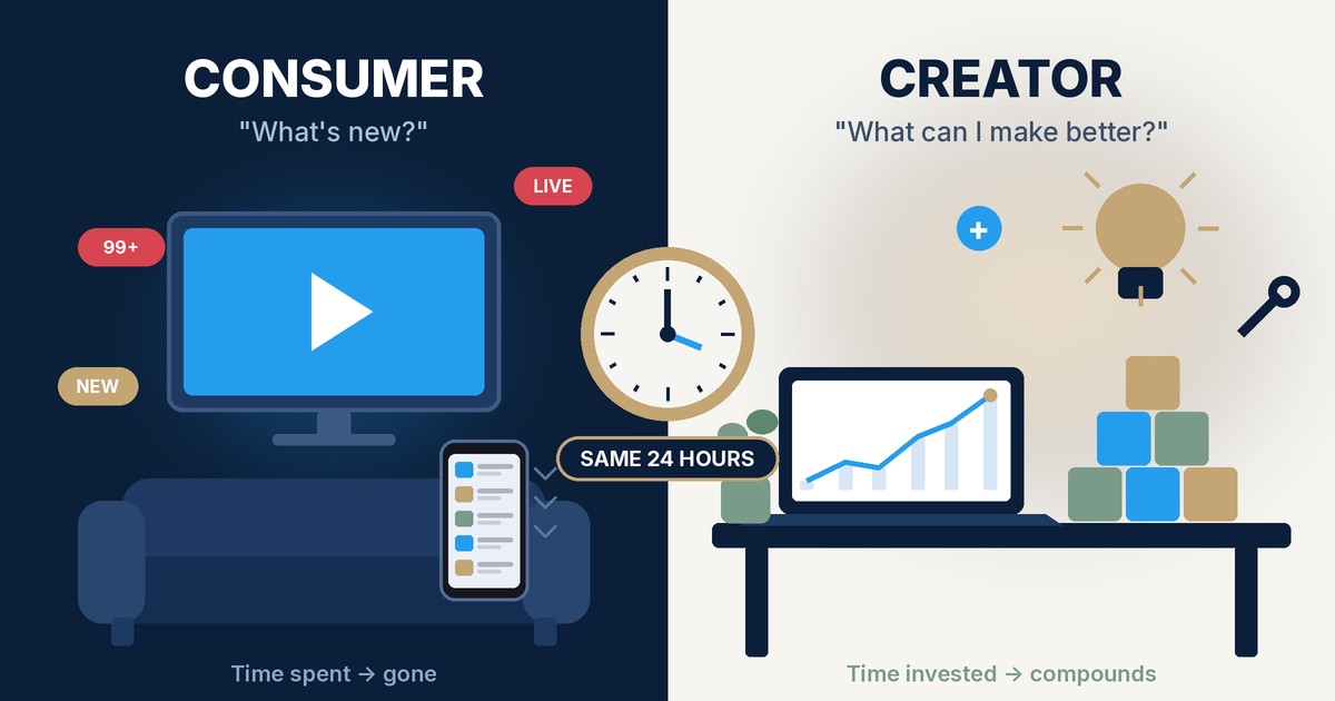 Split illustration: on a navy 'Consumer' side, a couch faces a glowing TV and a phone with a scrolling feed; on a cream 'Creator' side, a desk holds a laptop with a rising chart, building blocks, a plant and a lightbulb, with a clock reading 'Same 24 hours' in the center.