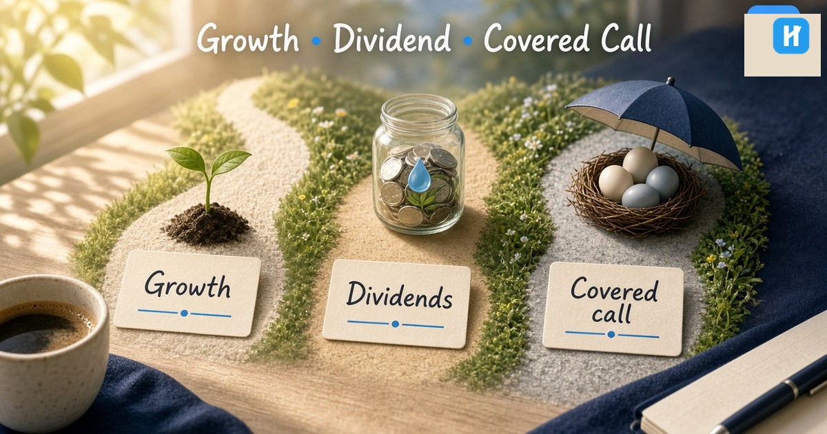 Beginner comparing growth, dividend, and covered call ETF paths