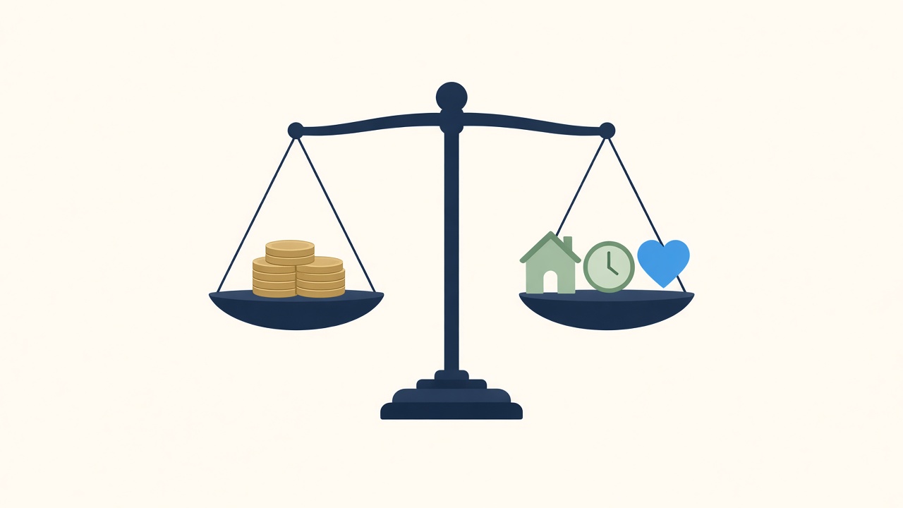 Balance scale weighing coins against home, time and love